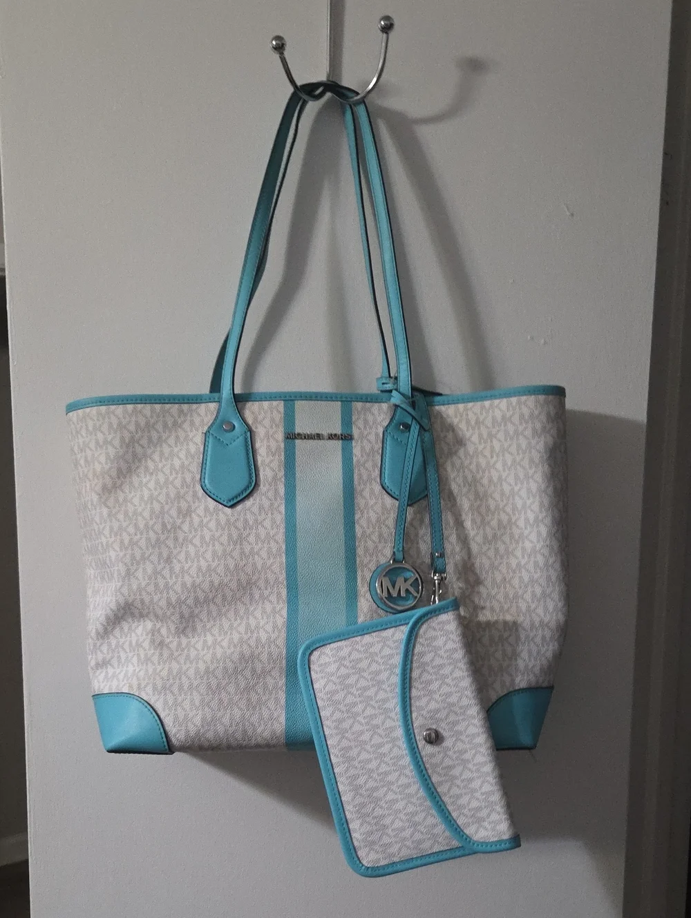 Michael Kors White and Turquoise MK Logo Tote with Wristlet